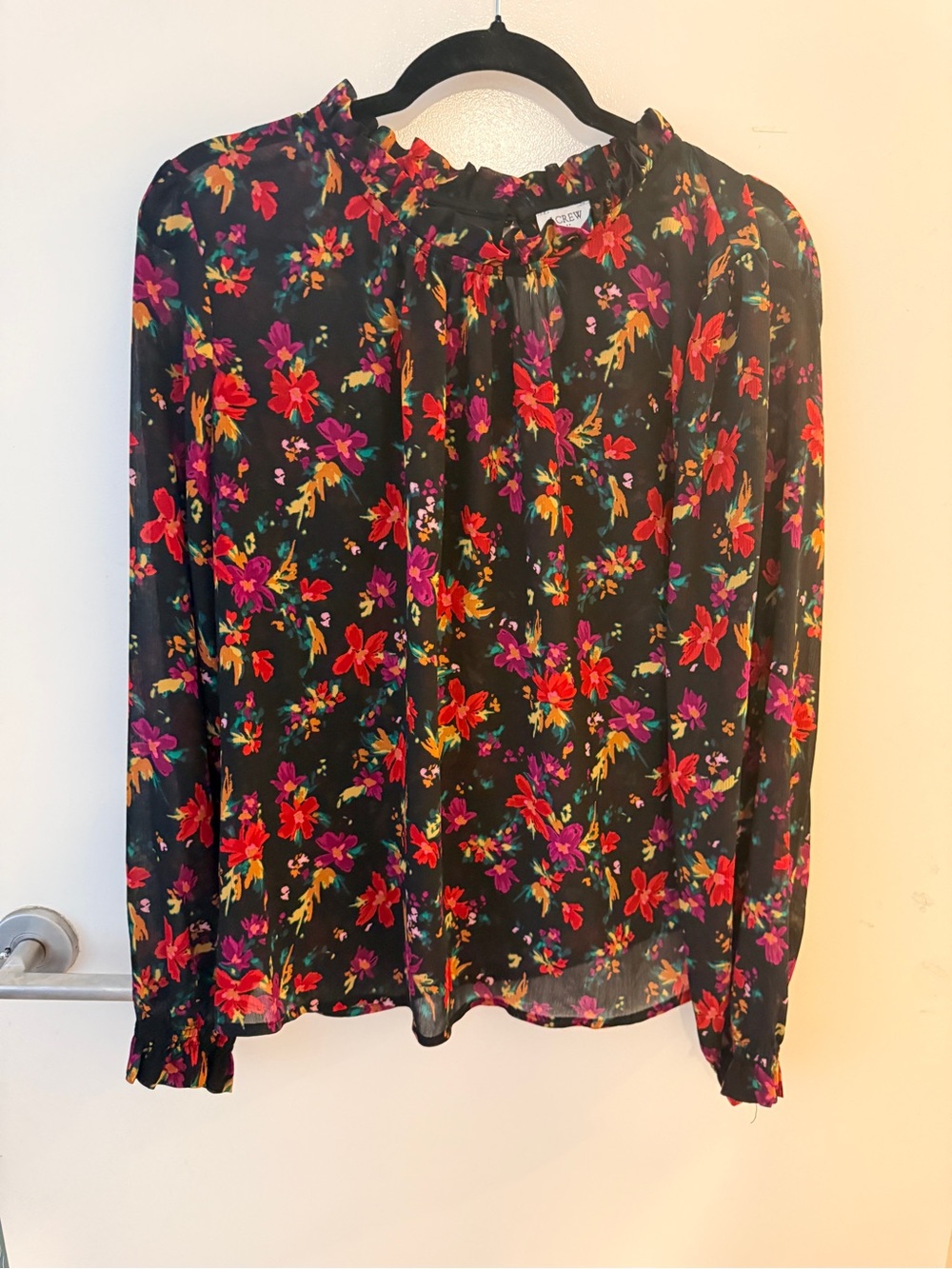 J. Crew Floral Ruffle Neck Long-Sleeve Blouse - Black with Red & Pink Flowers
